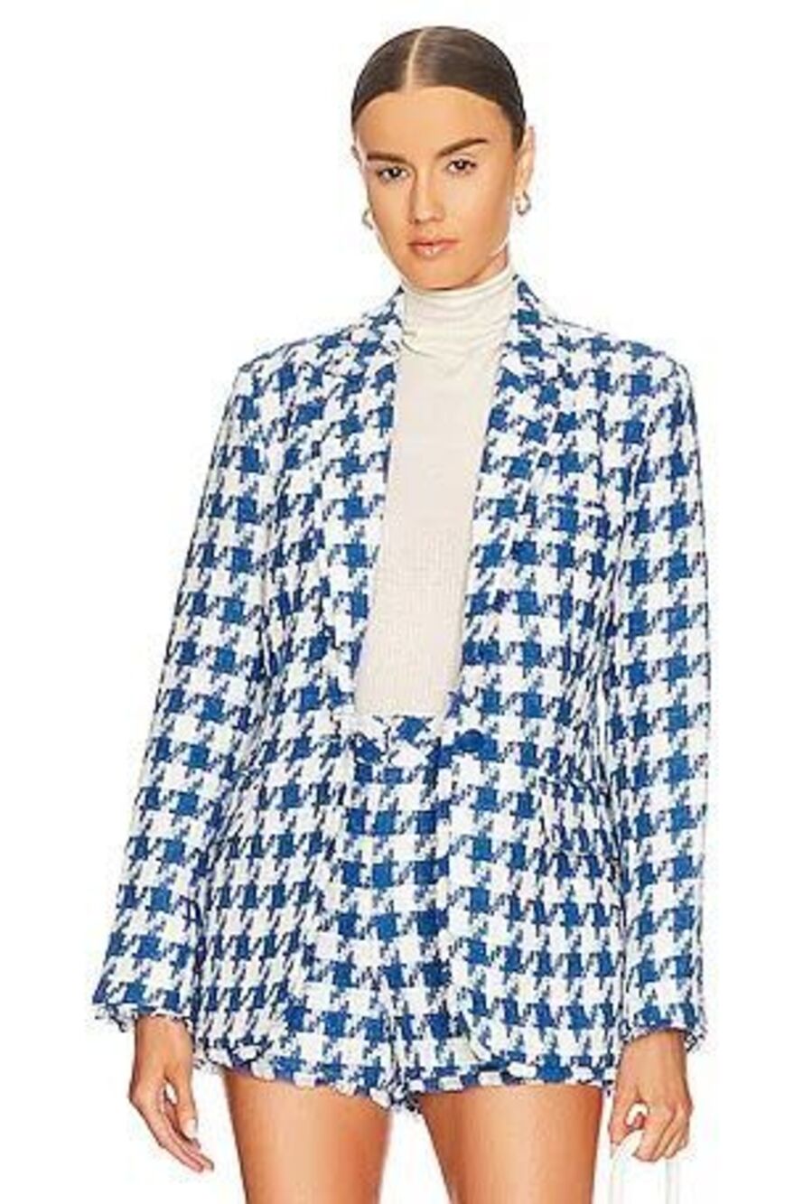 NWT Steve Madden Blue Houndstooth Preppy Tweed Office Blazer Jacket Size Medium